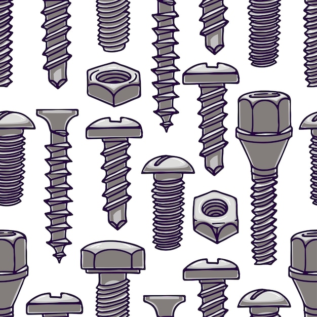 Süßes nahtloses muster mit schrauben und muttern. handgezeichnete illustration