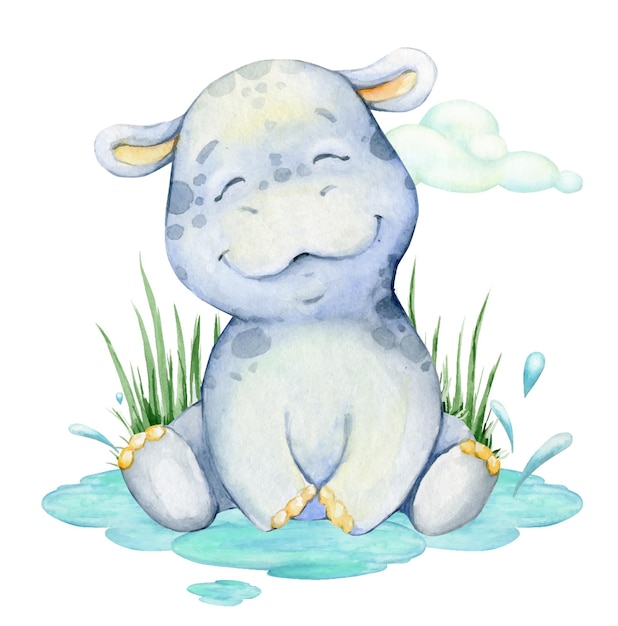 Vektor süßes nilpferd, das im wasser sitzt aquarell-clipart-cartoon-stil isolierter hintergrund