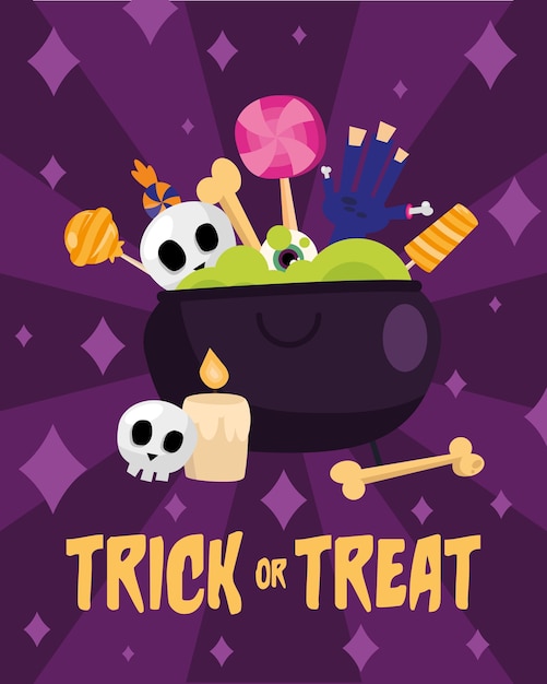 Süßes oder saures bonbons im hexenschüsseldesign, gruseliges halloween-thema