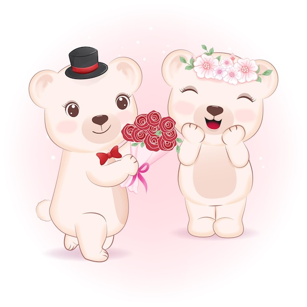 Süßes paar bär und rosenstrauß valentinstag konzept illustration