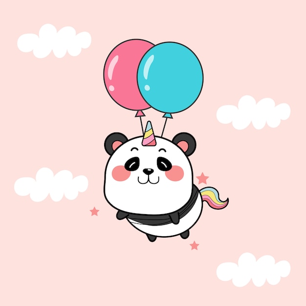 Süßes panda einhorn mit luftballons.