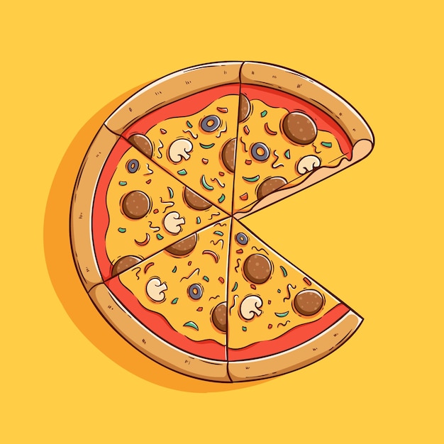 Vektor süßes rundes pizzastück mit farbigem handzeichnungsstil