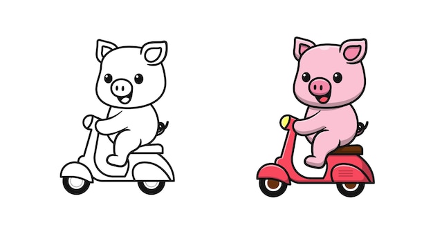 Süßes schwein reitet auf einem motorrad-cartoon-malvorlagen für kinder