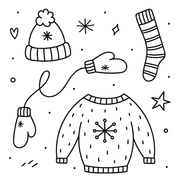 Vektor süßes set winterkleidung im doodle-stil