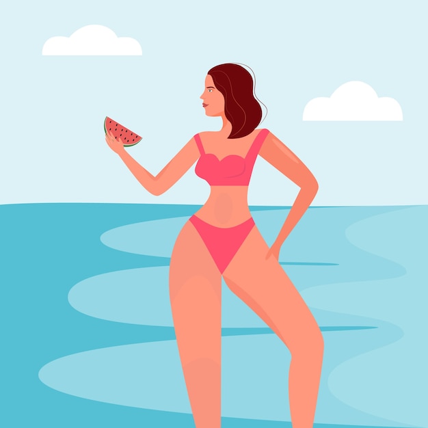 Süßes sexy mädchen isst eine reife scheibe wassermelone auf dem hintergrund des meeres vektor flache illustration sommer- und bikini-konzept