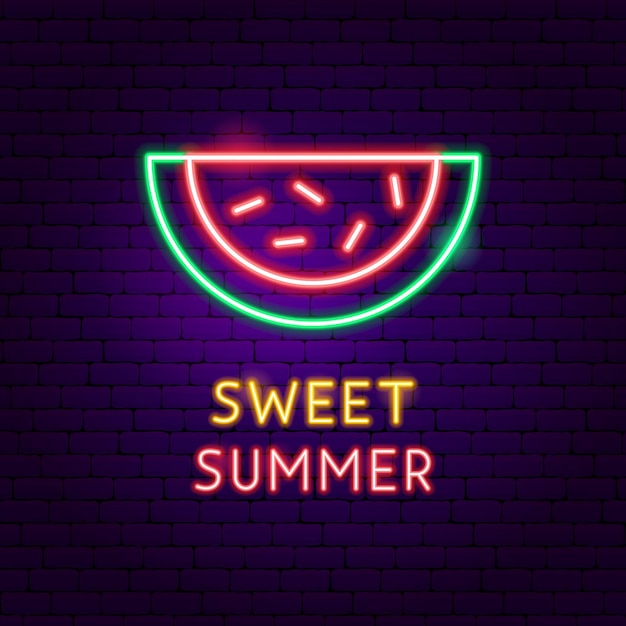 Süßes sommer-neon-label. vektor-illustration der wassermelone-werbung.