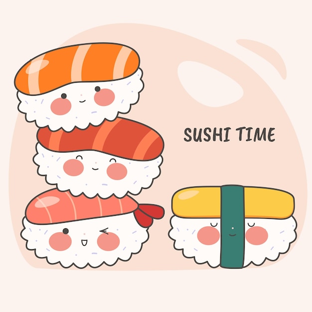 Süßes sushi-set mit lächelndem gesicht und rosa wangen kawaii-sushi-zeit japanische traditionelle küche