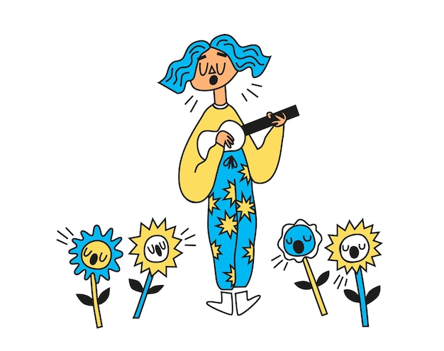 Vektor süßes teenager-mädchen singt und spielt ukulele mit blumen handgezeichnete cartoon-vektor-illustration
