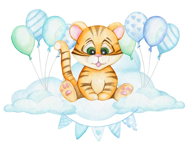 Süßes Tigerjunges, auf einer Wolke, umgeben von Luftballons. Niedlich, Tier, Cartoon-Stil, auf einem isolierten Hintergrund.