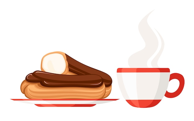 Süßes und leckeres sahne-eclair-dessert mit teetasse