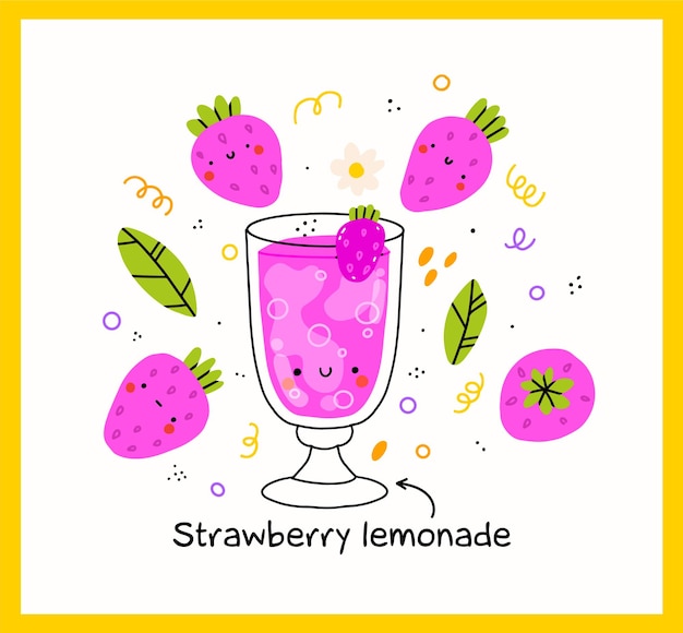 Süßes Zitronenlimonadenglas mit süßer Erdbeere. Kawaii lächelnde Limonade. Vektor-Cartoon-Figur