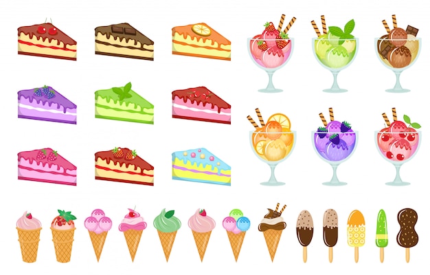 Süßigkeiten große satzikonen, kuchen und eis, käsekuchen, dessert in einer glasschale, cartoon-stil. design-element der kuchen der verschiedenen geschmacksrichtungen. auf weißem hintergrund isoliert. illustration.