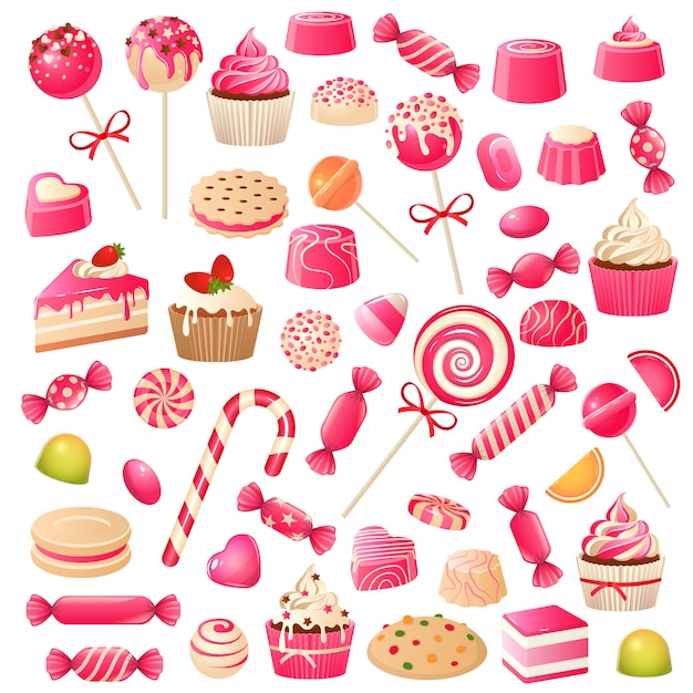 Vektor süßigkeiten set. süße desserts pralinen, marshmallow und dragee-gelee. schokoladenkekse cupcakes, lutscher süßes essen gesetzt