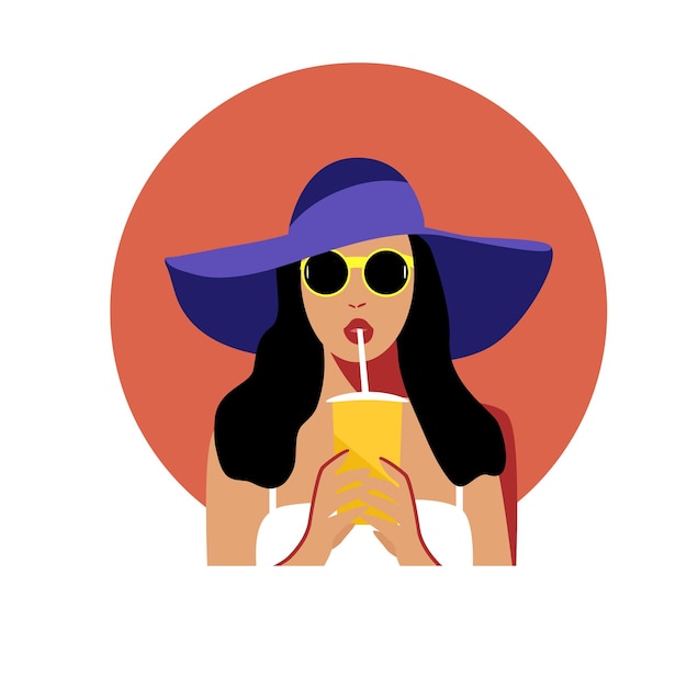 Summer Girl Poster mit einem Mädchen des Sommers Mädchen mit Hut und Brille Eine Frau und ein Getränk