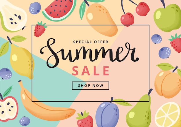 Vektor summer sale banner mit früchten handgezeichnete niedliche früchte und schriftzüge vektor-illustration bunte vorlage im flachen cartoon-stil