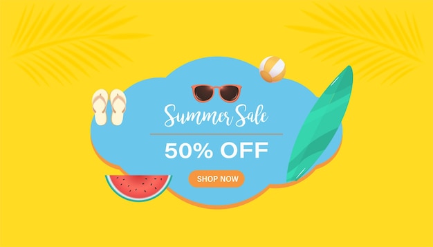 Summer sale banner post template 3d tropical element promotion sale tag disc 50 prozent