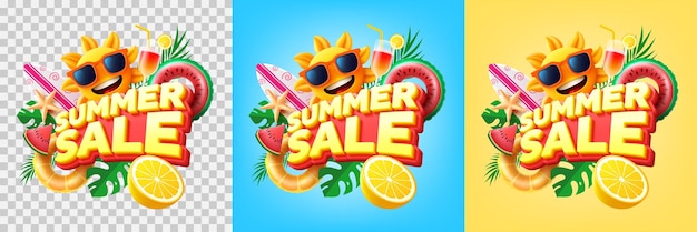 Summer Sale Poster oder Banner-Vorlage mit Happy Sun in Sonnenbrille Float und tropischem Palmblatt