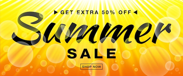 Summer sale template vektorbanner mit sonnenstrahlen leuchten sie horizontales sonnenlicht auf gelbem hintergrund