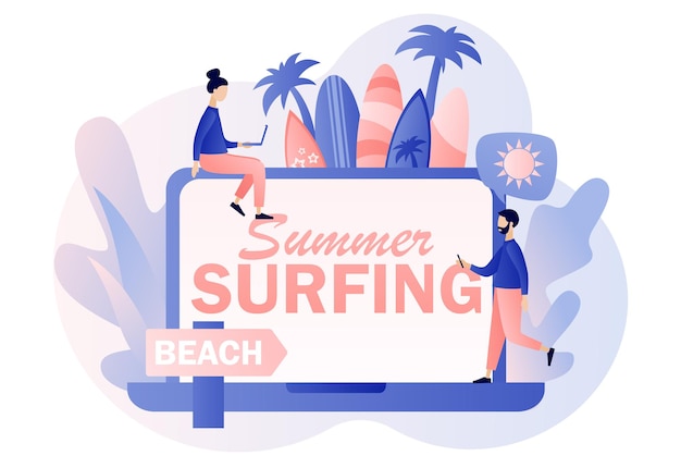 Vektor summer surfing text auf dem laptop-bildschirm surf club oder shop winzige leute surfer mit surfbrettern gehen