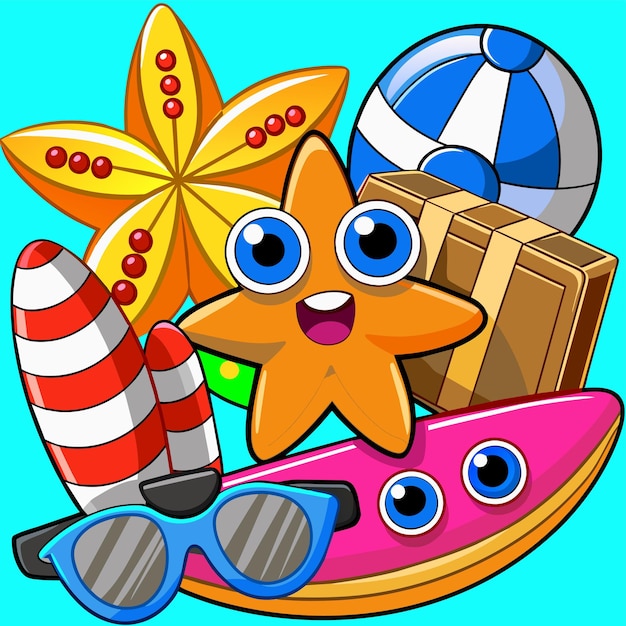 Vektor summer vacation holiday travel beach elements hand drawn flat stylish cartoon sticker icon concept
