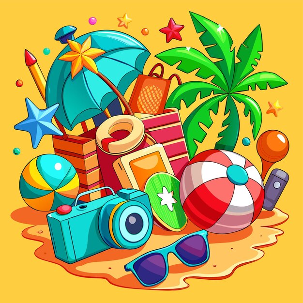 Vektor summer vacation holiday travel beach elements hand drawn flat stylish cartoon sticker icon concept