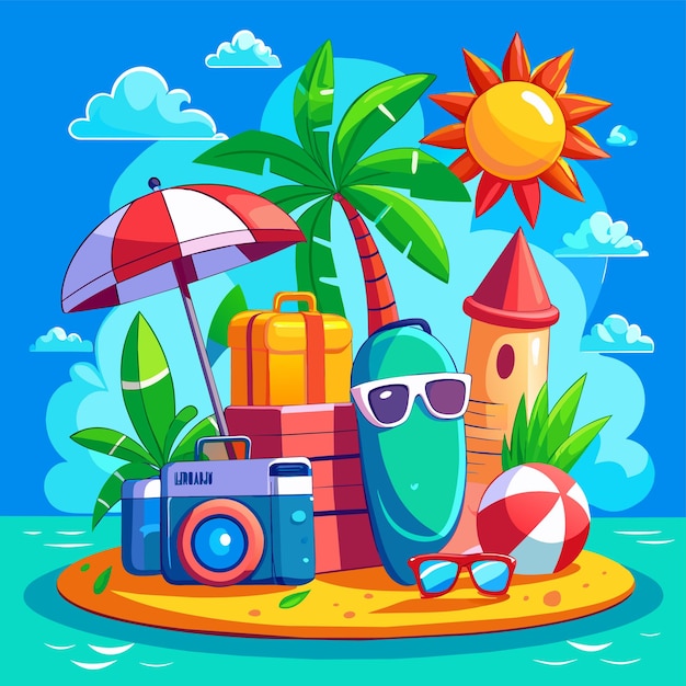 Vektor summer vacation holiday travel beach elements hand drawn flat stylish cartoon sticker icon concept