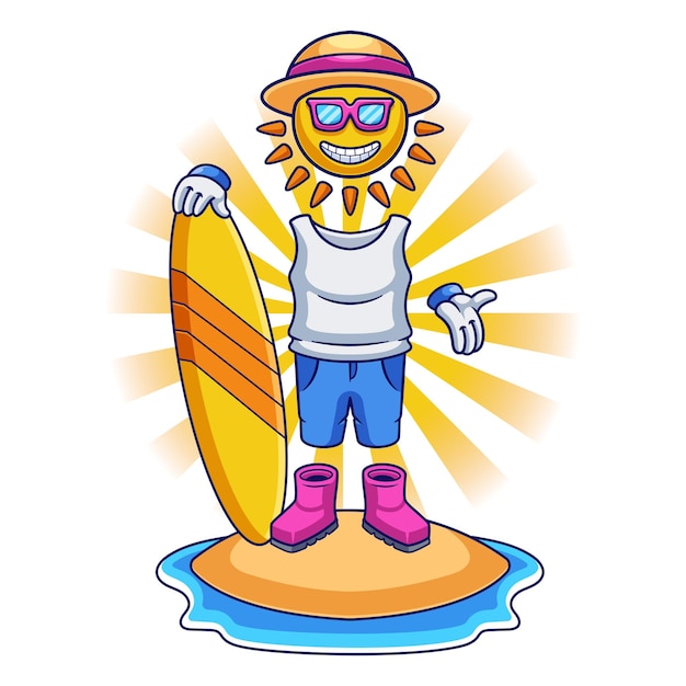 Sun-cartoon-figur am strand und surfbrett summertime illustration