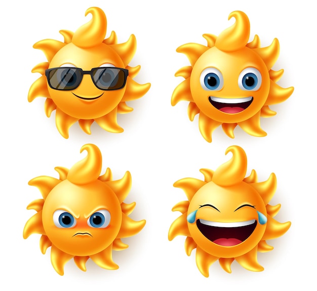 Sun Character Vector Set Sun süße Sommerfiguren in verschiedenen Ausdrucksformen