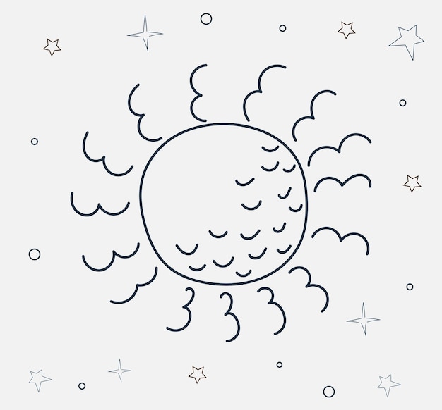 Sun-doodle-zeichnung auf sternenhimmel-hintergrundvektor