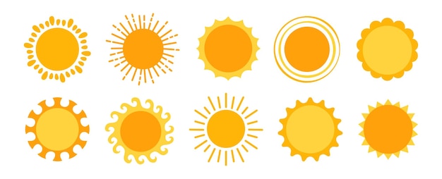 Sun einfaches gelbes gesetztes solarsommer-glanzsymbol mit sonnenstrahlensammlungs-feiertagsvektordesign