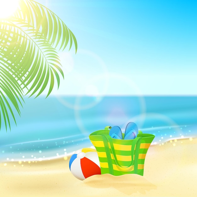 Sun funkelnder ozean und tropischer hintergrund der palmen mit strandtaschen-flipflops und ball auf der sandigen strandillustration
