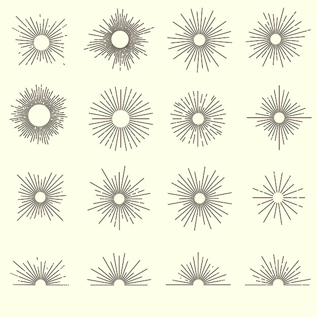 Sunburst monochrome designkollektion mit runden von halbgrößenkreisen unterschiedlicher größe kurzer und langer strahlen isolierte vektorillustration