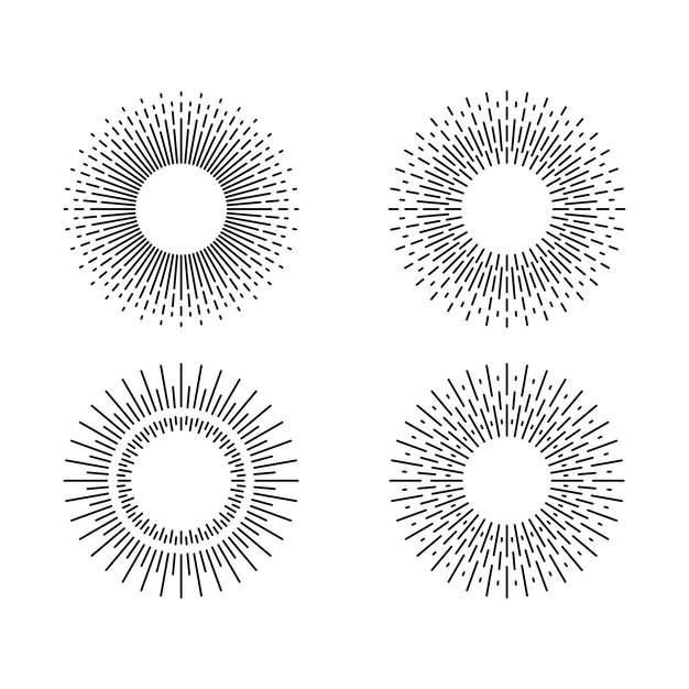 Sunburst-Set Sonnenbrand-Linie-Illustration auf weißem Hintergrund Sonnenaufgangstrahlen Licht-Burst-Linie Sonnenschein