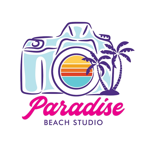 Sunset Beach Palm Tree Kamera Vektor Illustration perfekt für T-Shirt und Strand Fotografie Logo