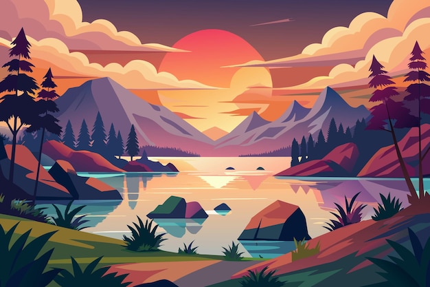 Sunset lake landschaft cartoon vektor illustration flachstil kunstwerk konzept