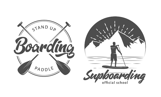 SUP-Boarding-Logos Stand-Up-Paddling-Abzeichen Set von Vektoremblemen mit SUP-Boards