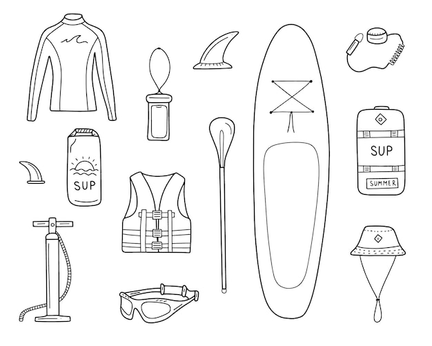 Sup-Surfausrüstung im Doodle-Stil Vektor-Illustration auf weißem Hintergrund