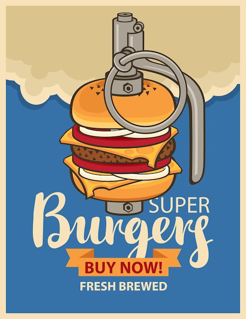 Super burger in militärgranate im retro-stil