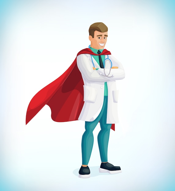 Super Doktor Zeichentrickfigur. Superheldenarzt mit Heldenmänteln. Gesundheitskonzept. Medizinisches Konzept. Erste Hilfe. Beschäftigte im Gesundheitswesen gegen covid19