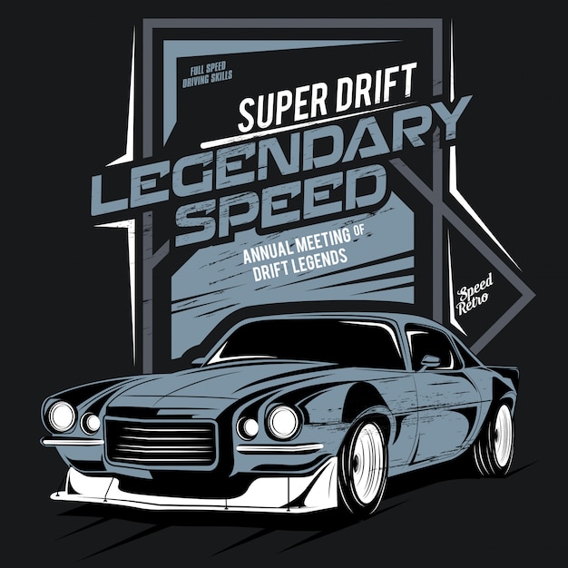 Super drift, legendäre geschwindigkeit, illustration eines klassischen schnellen autos