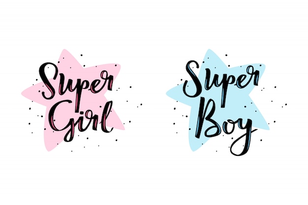 Super girl und super boy kalligraphische beschriftung.