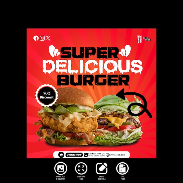 Super köstliche burger-design social-media-post und banner-vorlage