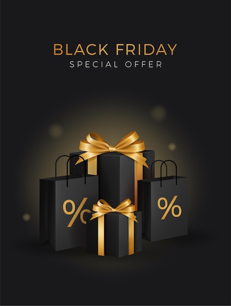 Super Sale am Black Friday. schwarze geschenkboxen. Goldener Text