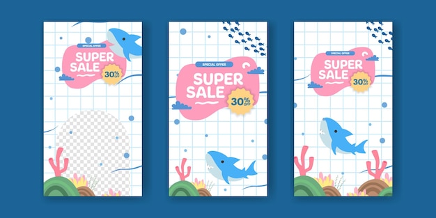 Vektor super-sale-angebot, banner-werbung, social-media-stories-post mit natürlichem meer-ozean-fisch und hai mit koralle