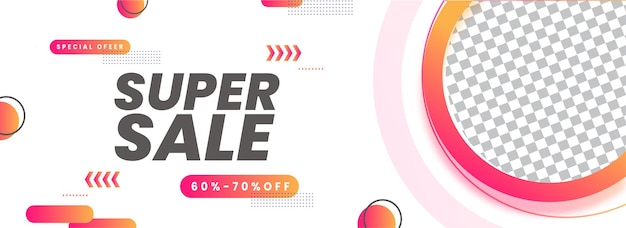 Super sale banner oder header design mit 60-70% rabatt und kopienraum auf weißem hintergrund.