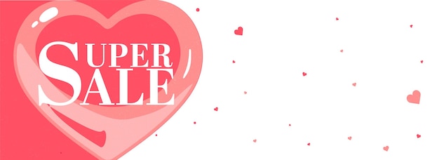 Super Sale Banner oder Header Design mit roten Herzen auf weißem Hintergrund dekoriert.