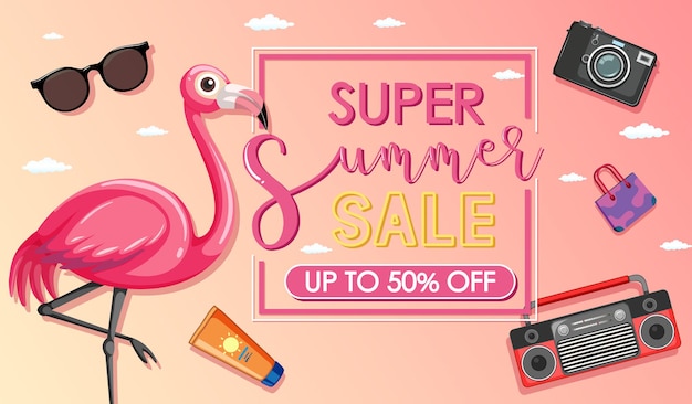 Super summer sale banner mit einem flamingo