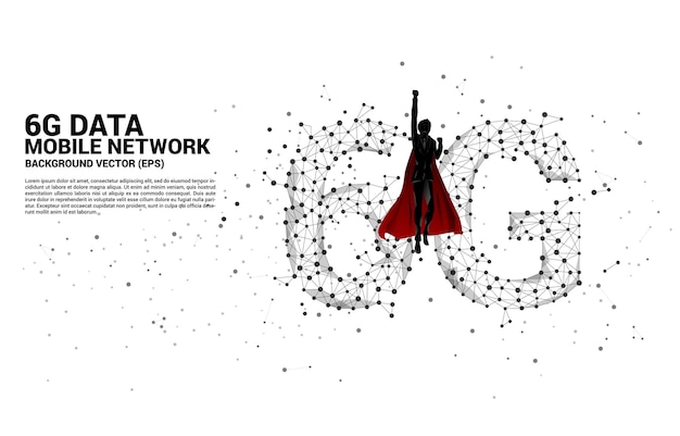 Superheld mit polygon dot connect linienförmiges 6g-mobilfunknetz. konzept für handy-datentechnologie.