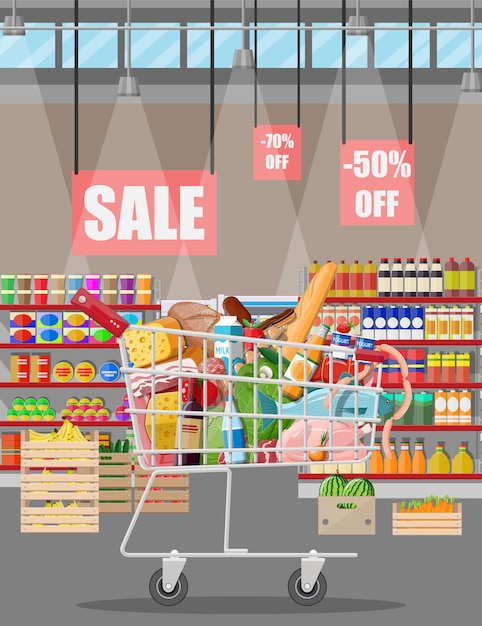 Supermarkt-Laden-Interieur mit Waren. Großes Einkaufszentrum. Innenladen im Inneren.