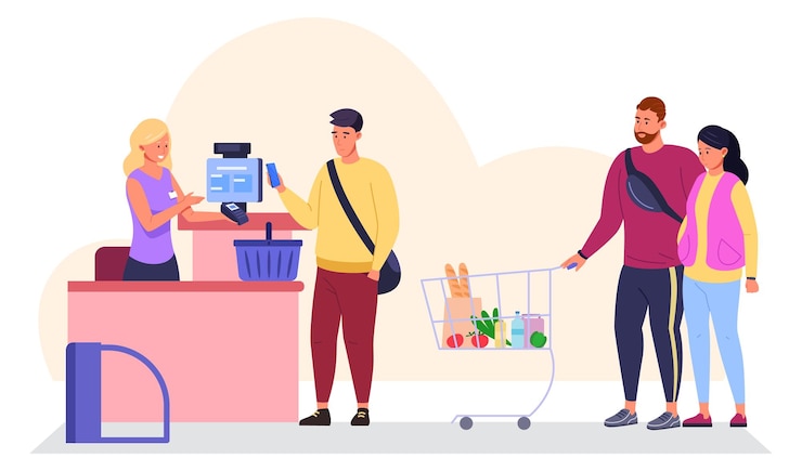 Vektor supermarkttheke menschen, die beim lebensmitteleinkauf schlange stehen